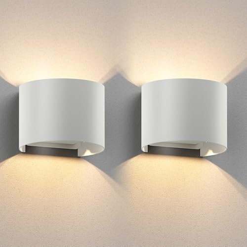ledscom.de 2x Wandleuchte RUNEL für außen, weiß, IP65, Up & Downlight + LED Lampe 501lm, warmweiß