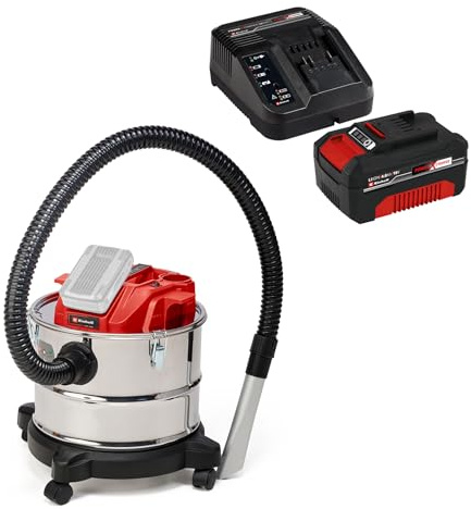 Einhell Aspirateur à cendres sans fil TE-AV 18/15 Li C-Solo PXC (Li-Ion, 18 V, puissance d’aspiration de 100 mbar, cuve de 15 L, système de nettoyage du filtre) avec Chargeur et Batterie 4,0Ah
