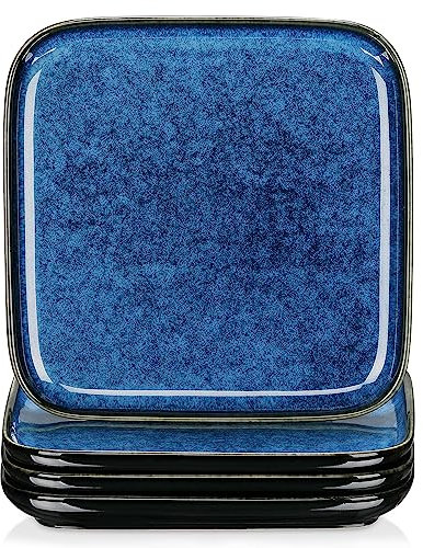 vancasso Stern Square 4-Piece Dessert Plate Set, Reactive Glaze Blue 7.3in Salad/Fruit/Snack/Side Plate, Ceramic Crockery in Vintage Look. (18.5x18.5x2cm)