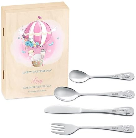 Maverton Kids Silverware in a Wooden Box – Personalised Animals, Balloon | Cutlery Set – Stainless Steel Engraved Utensil Set – for Girls