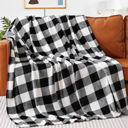 Touchat Fleece Throw Checkered Blankets(Black and White Plaid, 50“ x60”)