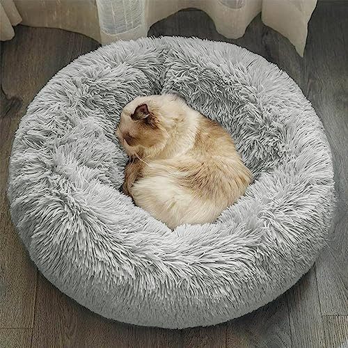 DONWEI Katzenbett Flauschig, Donut Kissen Hundebett, Flauschig Weiches Katzenkissen Rund, Waschbar Plüsch Katzenkorb, Katzenkörbchen, Katzencouch für Kleine Hunde und Katzen(50cm, Hellgrau)
