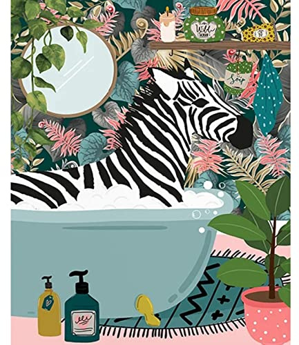 Malen nach Zahlen für Erwachsene Badezimmer Tier-Ölgemälde-Kits auf Leinwand mit Pinseln und Acryl-Pigment-Zebra-Malerei Leinwand grüne Blätter Badewanne Dschungel lustige Raumdekoration(rahmenlos)