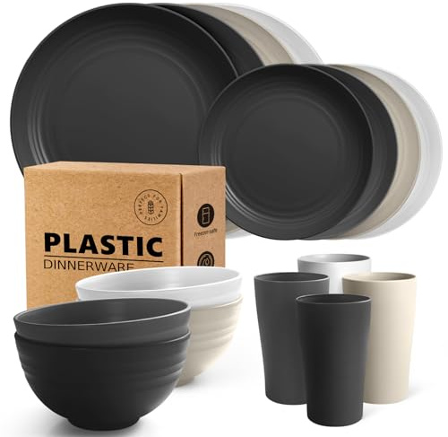 Teivio 16-Piece Kitchen Plastic Dinner Set, Service for 4, Dinner Plates, Dessert Plates, Cereal Bowls, Cups, Unbreakable Plastic Plates and Bowls Set, Outdoor Camping Dishes, Stone