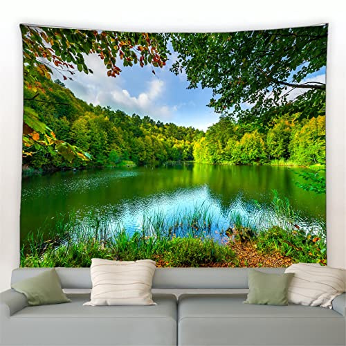MEKPAM See Wald Landschaft Wandteppich Pflanzen Bäume Wasserfall Berg Natur Landschaft Stoff Zuhause Wohnzimmer Schlafzimmer Dekor Wandbehang 150x100cm