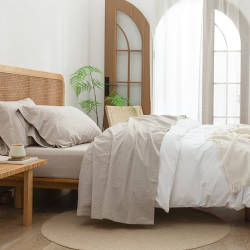 BESTOUCH Juego de sábanas 100% algodón Lavado, Tacto súper Suave, cómodo, Elegante, Ligero, Juego de Ropa de Cama de 4 Piezas, Lino sólido, Gris, Cal King