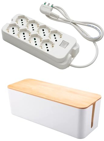 FANTON 48440S-B Kit multipresa + box organizer - Multipresa 4+4 prese bipasso schuko 16A - cavo 1,5 m. - spina a squadra grande italiana - interruttore bipolare luminoso