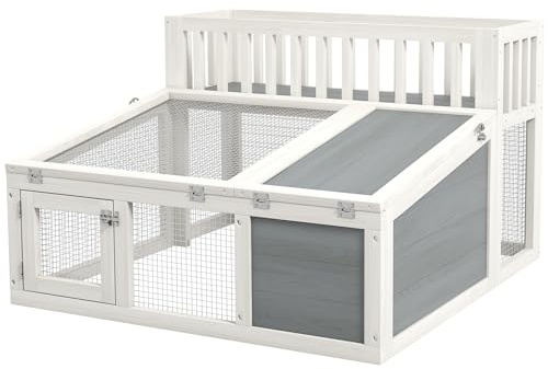 PawHut Clapier Cage à Lapin en Bois, Plusieurs Portes, 94L x 90l x 60H cm | Grand espace avec étagère pour plantes, gris et blanc