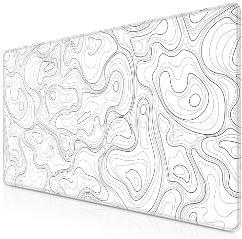 Abetcabe Mauspad XL 800 x 300mm, Mousepad Weiß Schreibtischunterlage | Topographisch Mauspad groß, Vernähte Kanten WassXerdicht Anti-Rutsch für PC, Laptop Verbessert Präzision und Geschwindigkei