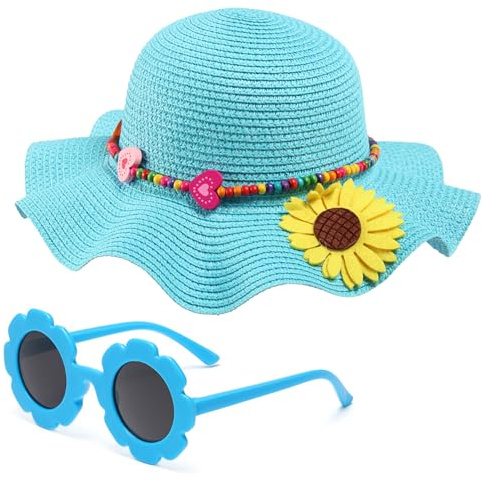 Sombrero de paja para niñas con lentes de sol redondos de flores, plegable de verano, ala grande, girasol, lazo, playa, sombrero de paja para niños, 2-6T, Azul, 2-6 años