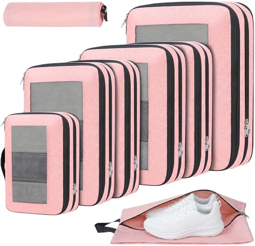 Prezon 8 Set Compression Packing Cubes for Suitcases, Full Open & Visible Design, Luggage Organizer Bags Set for Carry on, Travel Essentials Travel Gifts for Women with Laundry Bag and Shoe bag