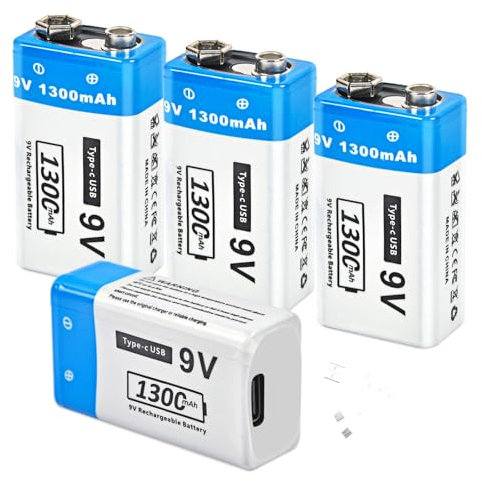 FLSTOR 9V Akku,1300mAh Wiederaufladbare 9 Volts Li-Ion Block Batterie für Musikinstrumente, Heim-Elektronik, Sicherheit und Sicherheitseinrichtungen, Kameras, Spielzeug und mehr, mit Kabel, 4 Stück