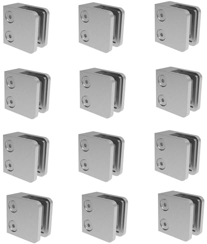 Sellon24® 12 soportes de acero inoxidable para escaleras, barandilla V2A, rectangular, 45 x 45 x 28 mm, incluye inserto de goma, mod 21.000 (plano/grosor del cristal: 6,76 mm)