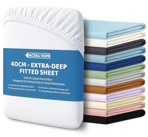 ACRALI HOME Single Fitted Sheet - White Bottom Sheet for Single Bed with 40cm Extra Deep Fit Pocket- Hotel Quality Soft Microfiber Bedsheet - Breathable Shrinkage and Fade Resistant