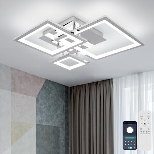 EIDISUNY Dimbar LED-taklampa, 36 W silver modern LED-taklampa med fjärrkontroll, 3 fyrkantig design taklampa för vardagsrum, sovrum, matsal, kök, 3 000–6 500 k, 50 cm.