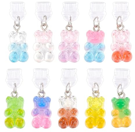 OLYCRAFT 10Pcs Dust Plug Charm Type C Anti Dust Plugs 35mm Long Mobile Dustproof Plugs with Resin Bear Pendants USB C Port Caps Protector Accessory Charging Port Plug Pendants for Most Type C Phone
