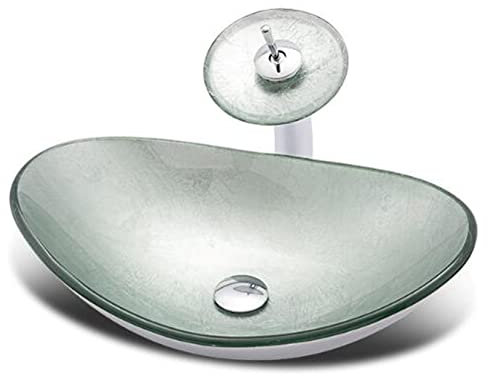 HDMOZUYT Badezimmer-Waschbecken, modern, kunstvoll, 12 mm, gehärtetes Glas, Waschschüssel mit Wasserfall-Wasserhahn, Pop-up-Ablaufgarnitur, Befestigungsring, C (B)
