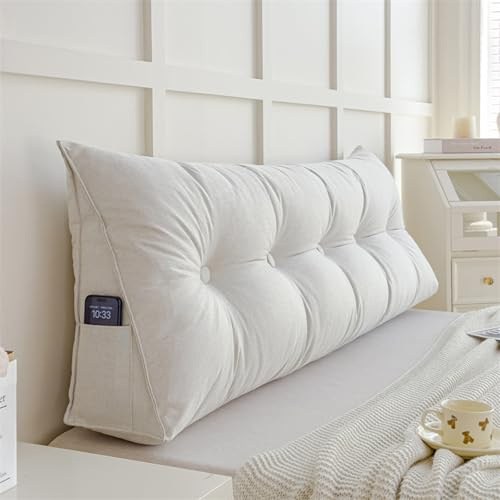 Lesekissen für Bett und Sofa 140/160 Bett Rückenkissen GrauBeige Bequemes Bett Kopfteil Kissen Groß Lang Keilkissen Waschbar Rückenlehne Kissen Dreieckskissen Rückenpolster für Wand(140X20X50cm,Beige