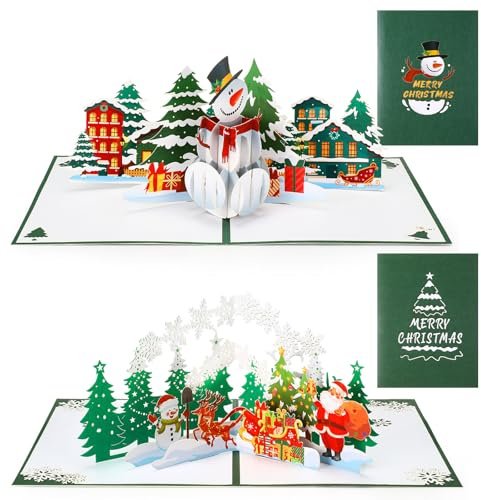 Clabby 2 Stück 3D Weihnachten Karten 15 x 20 cm Pop-Up Weihnachtskarten aus Papier mit Schneemann Wald Motiv Handgefertigte 3D Weihnachtspostkarten Weihnachten Grußkarten für Weihnachtsgeschenke