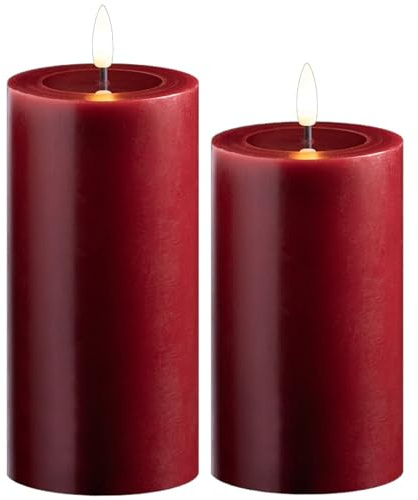 Novaliv 2er Set Led Kerzen flackernde Flamme mit Echtwachspiegel rot 7,5cm ø 1x 15 cm, 1x12,5 cm Höhe, LED Kerzen mit Timerfunktion, 2 AA Batterien nötig, LED Echtwachs Stumpenkerzen rot
