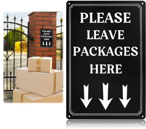 Panneau « Please Leave Parcels and Packages Here » avec flèche en aluminium avec trous pré-percés, 25,4 x 17,8 cm pour boîte aux lettres ou n'importe où pour les livraisons en plein air