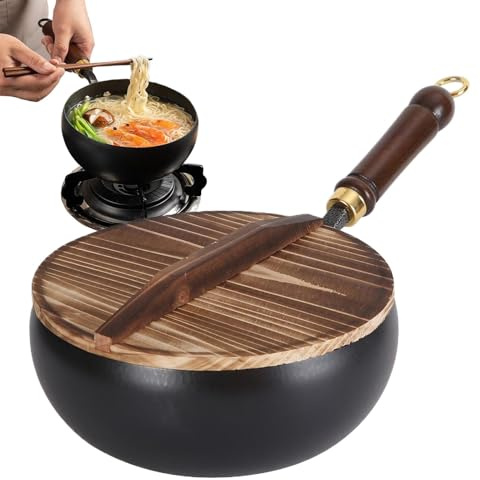 Handmade Iron Frying Pan - Non Stick Wok with Lid, Traditional Big Belly Pot | Durable Kitchen Utensils for Frying, Frying, Stew, Authentic Zhangqiu Small Iron Pan, 24 c