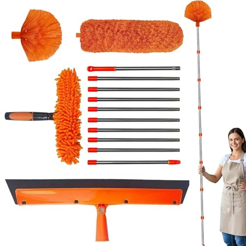 Kit De Dépoussiérage Haute Portée De De 6m avec Perche D'extension De 1.5 À 4.9m Plumeau en Toile D'araignée avec Perche Télescopique, pour Ventilateur De Plafond, Fenêtres, Murs Et Abat-Jour