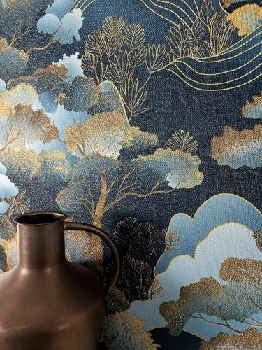 Newroom papier peint intissé bleu arbres dorés salon chambre | cimes dorées scintillantes, style Art Déco, fine texture lin, papier peint floral, décoration murale, couloir bureau