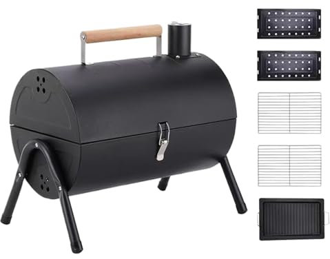 Barbecue au charbon de bois en forme de tonneau – Barbecue fumoir pour jardin | Barbecue multifonction pour balcon, terrasse, jardin