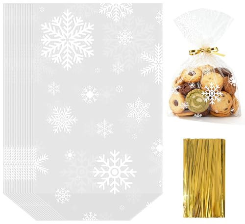 Anstore Bodenbeutel Groß 30x18cm, 100 Stück Plätzchentüten Weihnachten, Zellophantüten Schneeflocke Süßigkeiten Tüten, Kekstüten Transparent Cellophantüten Geschenktüten mit 100 Twist Krawatten
