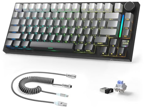 AJAZZ X Attack Shark X820Ultra Teclado Mecánico Inalámbrico & Coile Cable | 2.4G/BT/USB-C, Diseño 75% 80Teclas con Pantalla TFT Inteligente Color & Perilla CNC, RGB Hot-Swap, 4000mAh-Negro/Shark Switch