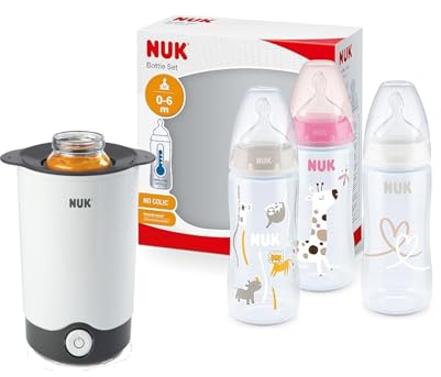 NUK Thermo Express Plus Flaschenwärmer + First Choice+ Flaschen Set (Rosa/Weiß, 3 Stück) – Erwärmt in 90 Sek., mit Abschaltung – Babyflaschenwärmer mit EU- & Auto-Adapter
