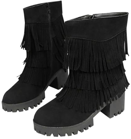 Dam korta ankelstövlar dam platåstövlar fransar elegant vintage cowboystövlar fodrade stövlar vinter damstövlar fritid vinterskor varma knähöga fransstövlar blockklack höstskor