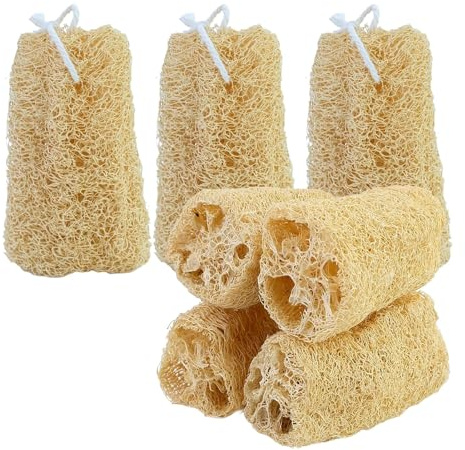 Lot de 7 éponges luffa naturelles en luffa concombre, 10 cm, exfoliant biodégradable, parfaites pour les soins du corps, la cuisine, la salle de bain et le savon loofah