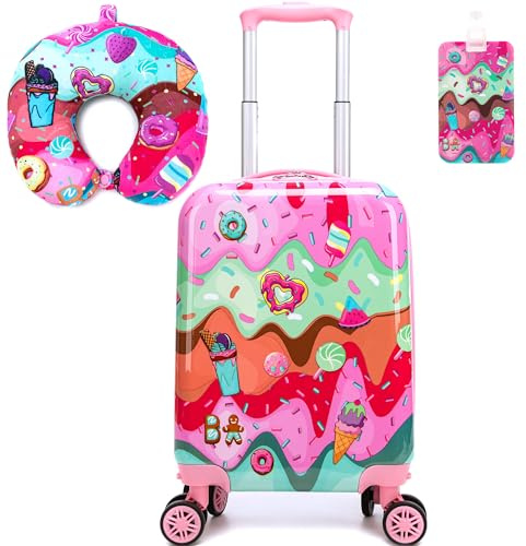 HTgroce 2tlg Kinderkoffer Set, Kinder Handgepäckkoffer mit Nackenkissen & Kofferanhänger, Mädchen Kinder Mini Koffer Trolley Hartschalenkoffer Luggage Set