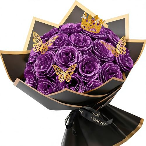 YUZHEDM 24 Pièces Rose Eternelle Bouquet De Fleurs Artificielles Fleur Eternelle avec Une Couronne pour Cadeaus Noel pour Elle, Anniversaire Femme Saint-Valentin,Fête des Mères Et Noël(Violet)