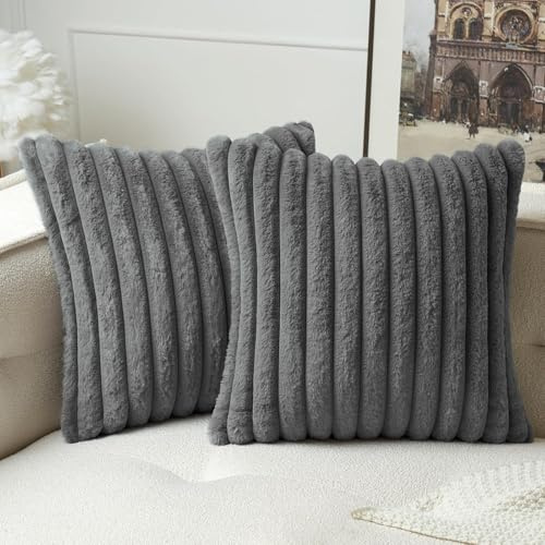 MIULEE 2er Set Kissenbezug 60×60cm Breitstreifen Plüsch Grau