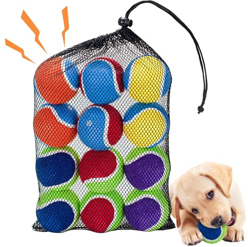 Ousiya Quietschende Tennisbälle für Hunde – 12er-Pack 6,5 cm, robuste Hundespielzeug-Bälle mit Netzbeutel für Spiel & Training im Freien
