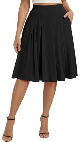 Belle Poque Women High Waist Pleated A Line Skirt Below Knee Length, Flowy Dressy Casual Chiffon Skirts with Pockets Black L