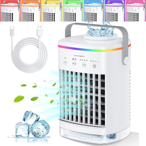 Joomouney Enfriador de aire portátil, enfriador de aire 3 en 1, mini aire acondicionado con 4 velocidades de viento, 7 luces de color, tanque de agua de 700 ml y temporizador de 2 a 8 horas