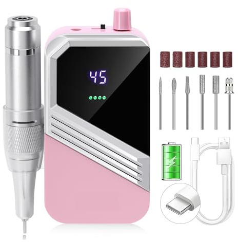 Trapano per unghie, Trapano elettrico portatile for unghie da 45000 giri/min, levigatrice for unghie, lucidatrice for gel acrilico(Pink)