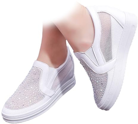 Vita slip-on sneakers för kvinnor med strass nätdesign stängd tå kilar dold klack tygskor bröllopsskor, Vitt, 37 EU