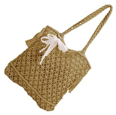 Bolso de playa para mujer, estilo de vacaciones, estilo retro, tejido con axilas, para uso diario, a juego, para mujer, Colgante de cinta caqui