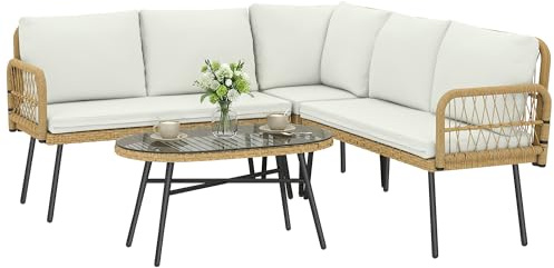 Outsunny Polyrattan Gartenmöbel Set 4-teilig, Lounge Set mit Ecksofa Zweisitzersofa Glastisch abnehmbar Kissen, Rattan Sitzgruppe bis 5 Personen, Lounge Möbel für Garten Terrasse Balkon Cremeweiß