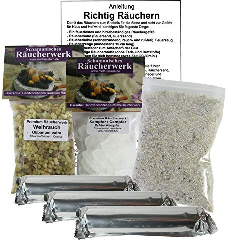 Weihrauch Olibanum & Naturkampfer zum räuchern 8-TLG Räucherset + 3 Rollen Räucherkohle + ZUBEHÖR + Lexikon der Räucherstoffe. 81116-18