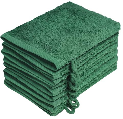 NatureMark 10 x Terry Cloth Wash Mitts 100% Cotton - Soft and Robust, Ideal for Daily Care and Guests - Dark Green, 15 x 21 cm