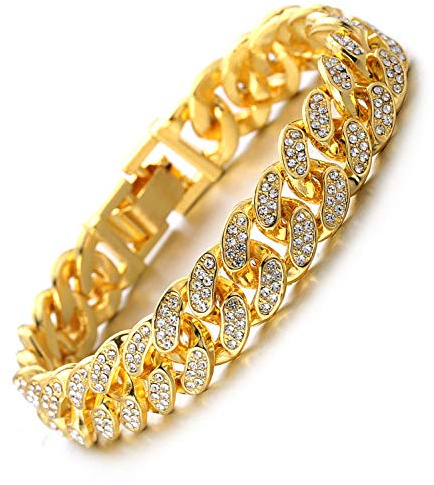HALUKAKAH Catena da uomo in oro, bracciale da 14 mm, catena cubana, placcato oro reale 18 carati, Iced Out con diamanti, 18 cm, con confezione regalo gratuita, 18 cm, Metallo, Lab Simulato Diamante