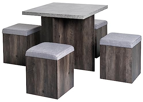 HOMCOM 5PC Dining Set Garden Patio 4 Storage Stools with Cushions + 1 Table | Wooden Set, Footrest Ottoman, Space Saving Design, Indoor Outdoor