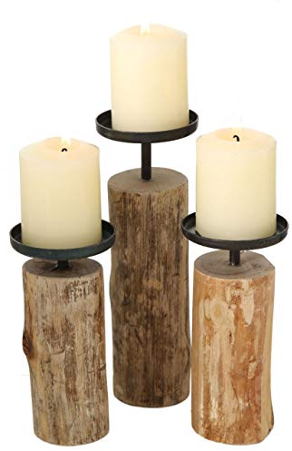 Eukalyptus Kerzenhalter 3er Set - Metall Kerzenständer in 3 Größen | Massivholz Rustikal Auch für LED Kerzen Ohne Docht