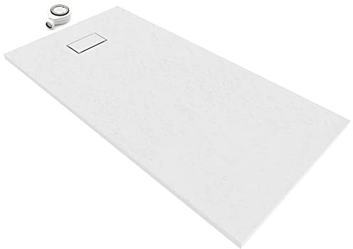 Moments of Glass Plato de ducha SMC Boreal 160x80 cm, Blanco RAL 9016 – Antiderrapante, Textura Pizarra, Antibacteriano, Resistente a agentes químicos – Incluye válvula y rejilla